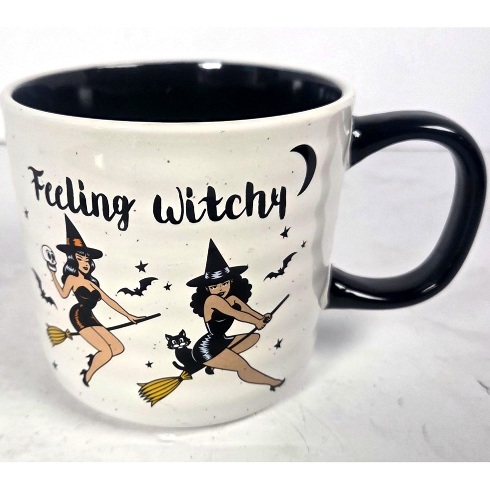 Feeling Witchy Halloween Mug Retro Pin Up Witches Black Cat Bats Ceramic Coffee